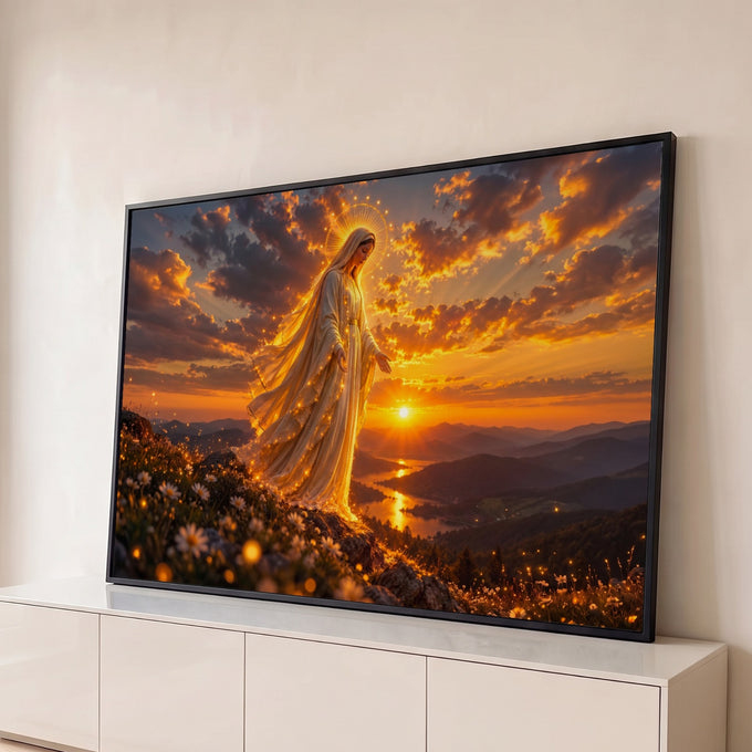 Nossa Senhora com auréola e manto luminoso sobre montanha ao pôr do sol laranja, quadro decorativo