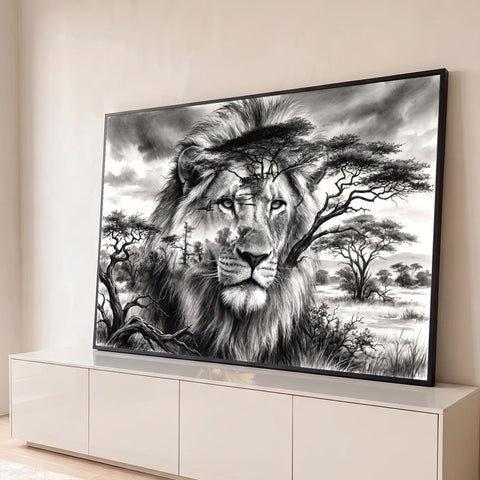 Leão de olhar sereno com acácias da savana em dupla exposição, desenho a grafite, quadro decorativo