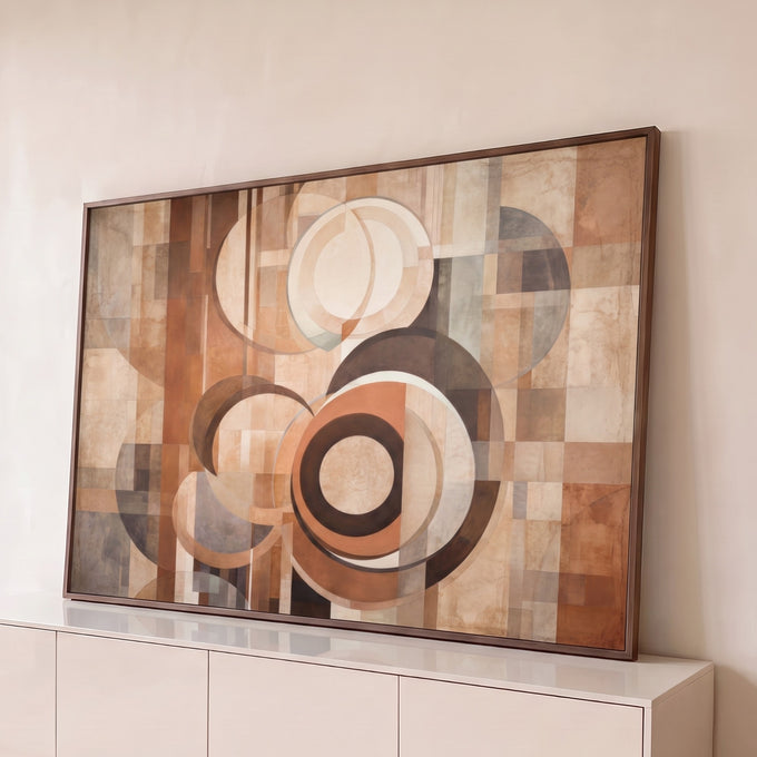 Quadro Decorativo Grande Círculos Geométricos para Sala | quadros decorativos para sala | círculos sobrepostos em tons terracota, bege e cinza sobre fundo de faixas retas | Porao dos Quadros