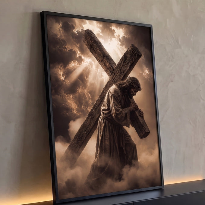 Quadro Decorativo Grande Jesus Carregando para Sala Marrom | quadros decorativos para sala | Jesus com coroa de espinhos carregando cruz de madeira sob nuvens e luz divina | Porao dos Quadros