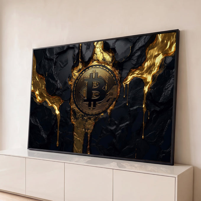 Moeda de Bitcoin dourada em rocha preta com ouro líquido escorrendo, arte digital, quadro decorativo