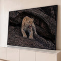 Quadro Decorativo Grande Leopardo Rosnando Rosnado para Sala | quadros decorativos para sala | leopardo rosnando com garras à mostra sobre rochas escuras | Porao dos Quadros