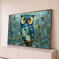 Quadro Decorativo Grande Coruja para Sala Azul | quadros decorativos para sala | coruja em mosaico de vidro azul com olhos dourados pousada em galho metálico | Porao dos Quadros
