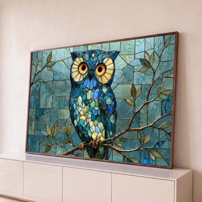 Quadro Decorativo Grande Coruja para Sala Azul | quadros decorativos para sala | coruja em mosaico de vidro azul com olhos dourados pousada em galho metálico | Porao dos Quadros