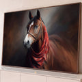 Quadro Decorativo Grande Cavalo Xale Vermelho para Sala | quadros decorativos para sala | retrato realista de cavalo castanho com faixa branca no focinho e xale vermelho no pescoço | Porao dos Quadros