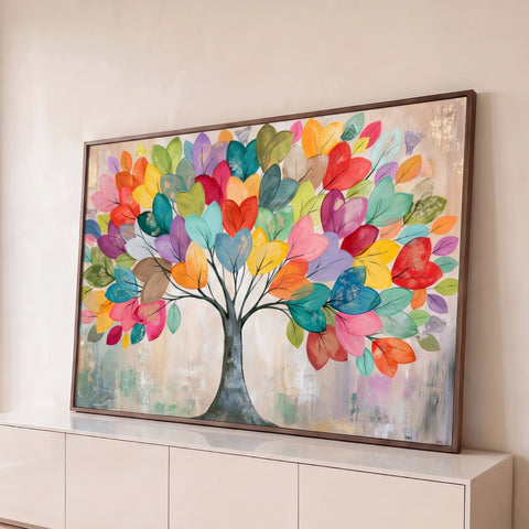 Árvore da vida com tronco cinza e folhas em tons arco-íris sobre fundo bege texturizado, quadro decorativo