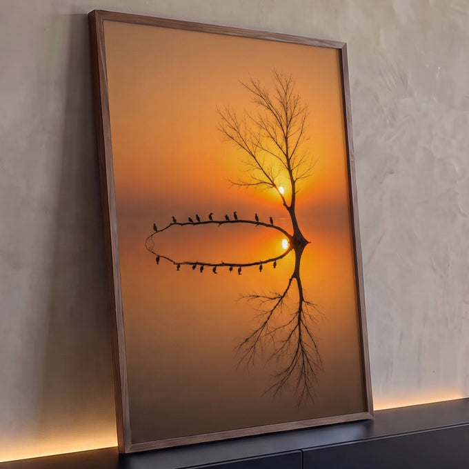 Árvore seca e aves em galho curvo refletidos no lago ao pôr do sol laranja, quadro decorativo