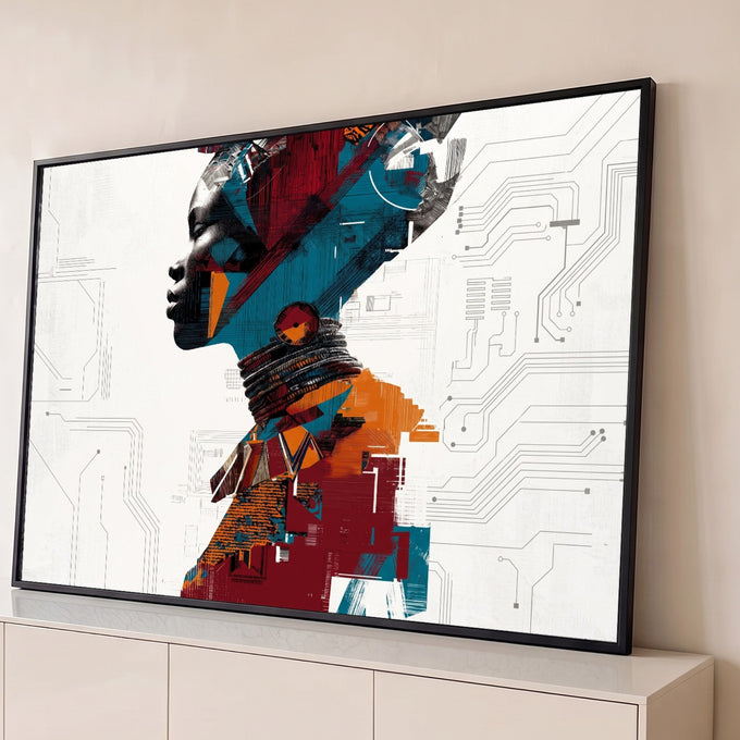 Quadro Decorativo Grande Mulher Africana para Sala Vermelho | quadros decorativos para sala | perfil de mulher africana em colagem digital com cores vermelho, azul e circuitos eletrônicos | Porao dos Quadros
