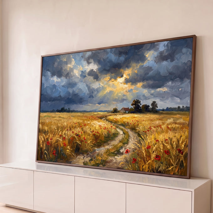 Quadro Decorativo Grande Paisagem Campo de Trigo para Sala | quadros decorativos para sala | campo de trigo dourado com papoulas vermelhas e céu nublado com raios de sol | Porao dos Quadros