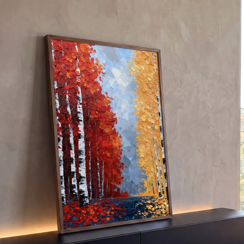 Floresta de bétulas no outono com folhas vermelhas e amarelas em textura, quadro decorativo