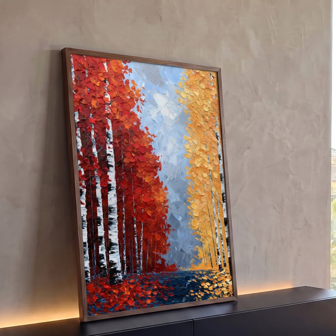 Quadro Decorativo Floresta de Bétulas em Vermelho e Amarelo | quadros decorativos para sala | floresta de bétulas com folhagem vermelha e amarela em textura de espátula | Porao dos Quadros