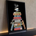 Quadro Decorativo Grande Pilha de Livros para Sala Dourado | quadros decorativos para sala | pilha de livros coloridos com xícara de chá florida e fumaça em forma de coração | Porao dos Quadros