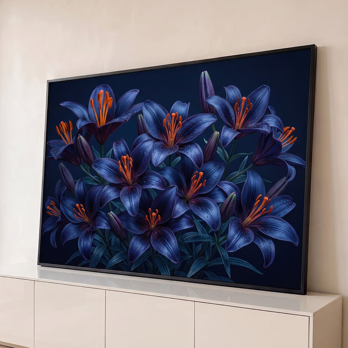Quadro Decorativo Grande Lírios Azuis para Sala Azul | quadros decorativos para sala | lírios azul-marinho com estames laranja e gotas de orvalho sobre fundo escuro | Porao dos Quadros