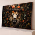 Quadro Decorativo Grande Leão com Coroa de Rosas para Sala | quadros decorativos para sala | leão com coroa de rosas e galhos cercado por folhagens densas | Porao dos Quadros