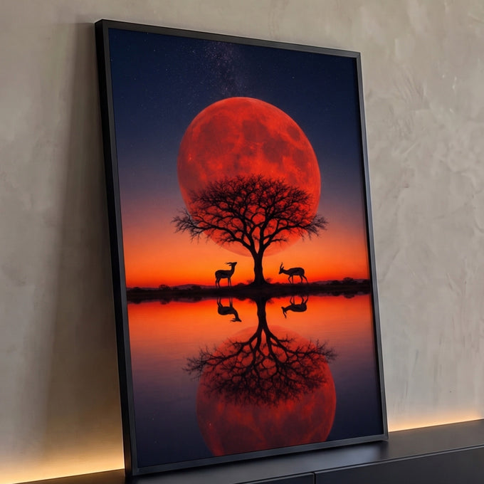 Quadro Decorativo Grande Lua Vermelha Vermelho para Sala | quadros decorativos para sala | lua vermelha gigante atrás de árvore em silhueta com duas gazelas refletidas no lago | Porao dos Quadros