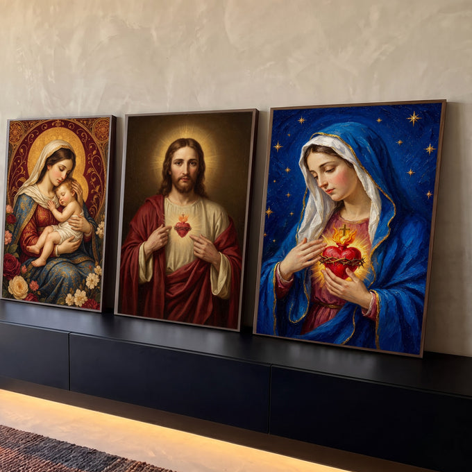 Quadro Decorativo Kit 3 Telas Sagrado Coração Azul para Sala | quadros decorativos para sala | tríptico religioso com Nossa Senhora, Sagrado Coração de Jesus e Imaculado Coração de Maria | Porao dos Quadros