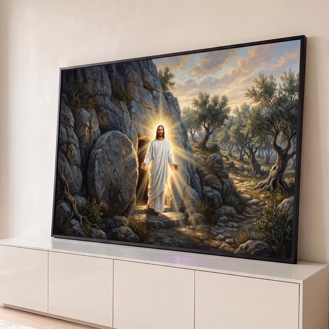 Jesus ressuscitado de túnica branca saindo do túmulo de pedra entre oliveiras e luz dourada, quadro decorativo