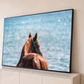 Quadro Decorativo Grande Cavalo com Cabresto para Sala | quadros decorativos para sala | cavalo marrom visto de costas com cabresto azul em frente ao mar desfocado | Porao dos Quadros