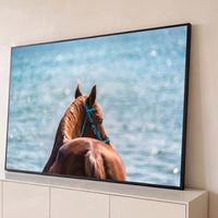 Quadro Decorativo Grande Cavalo de Costas para Sala Azul - Borda Infinita / 65x100cm