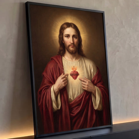 Quadro Decorativo Grande Sagrado Coração de Jesus para Sala | quadros decorativos para sala | Jesus Cristo apontando para o Sagrado Coração em chamas com coroa de espinhos | Porao dos Quadros