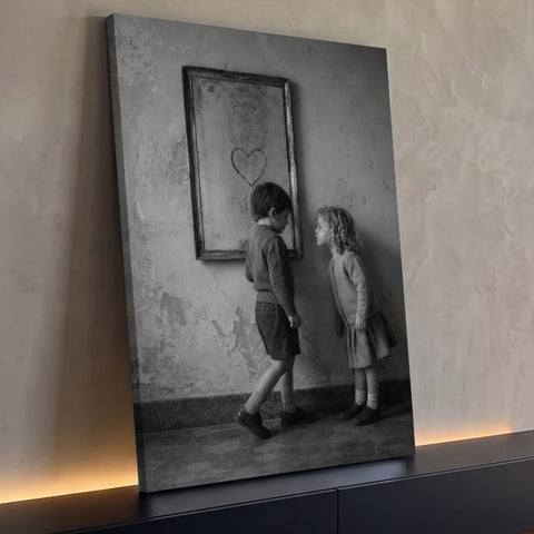 Menino e menina em foto preto e branco diante de espelho antigo com coração desenhado, quadro decorativo
