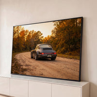 Quadro Decorativo Grande Porsche 911 Cinza para Sala Laranja - Borda Infinita / 65x100cm