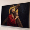 Jesus Cristo com coroa de espinhos carregando a cruz em mosaico, auréola dourada, fundo preto, quadro decorativo