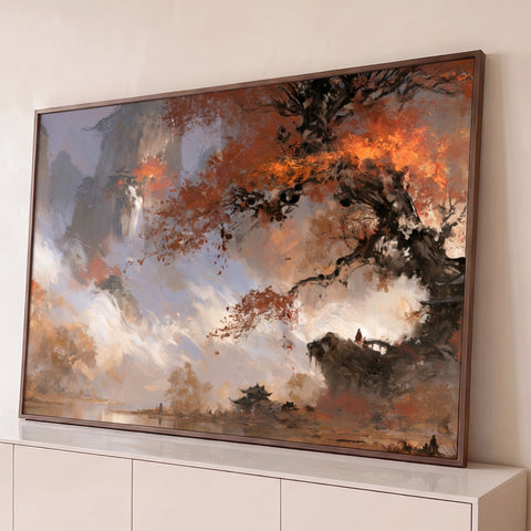 Quadro Decorativo Árvore Outonal com Cachoeira e Pagode | quadros decorativos para sala | árvore de folhas laranja sobre paisagem montanhosa com cachoeira e pagode oriental | Porao dos Quadros