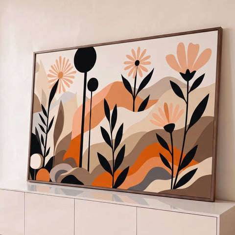 Ilustração de flores pêssego e folhagens pretas sobre colinas abstratas em bege e laranja, quadro decorativo
