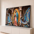 Quadro Decorativo Grande Nossa Guadalupe Mosaico para Sala | quadros decorativos para sala | Nossa Senhora de Guadalupe em mosaico azul e dourado dentro de nicho ornamentado | Porao dos Quadros