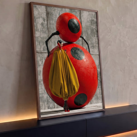 Mulher de capa mostarda diante de joaninha vermelha gigante em muro de concreto, quadro decorativo