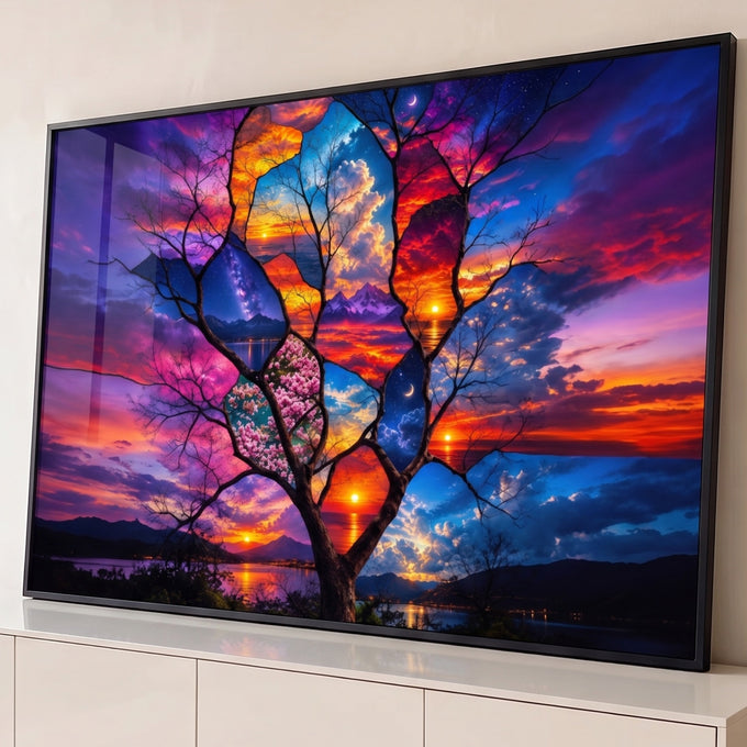 Árvore surreal com galhos em vitral de céus, pôr do sol, lua e cerejeiras em roxo, quadro decorativo