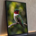 Beija-flor de garganta vermelha pousado em galho com fundo verde desfocado em bokeh, quadro decorativo