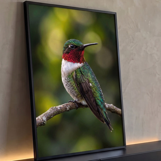 Beija-flor de garganta vermelha pousado em galho com fundo verde desfocado em bokeh, quadro decorativo