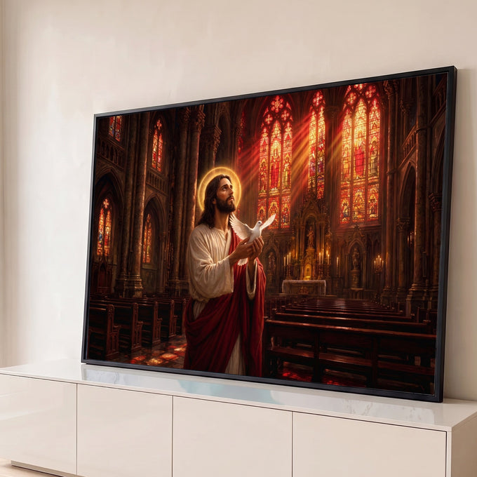 Jesus com auréola segurando pomba branca em catedral gótica com vitrais vermelhos, quadro decorativo