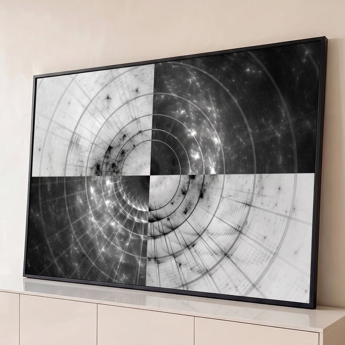 Quadro Decorativo Grande Túnel Geométrico Preto para Sala | quadros decorativos para sala | túnel geométrico abstrato com anéis concêntricos em preto, branco e cinza | Porao dos Quadros