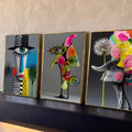 Quadro Decorativo Kit 3 Telas Rostos Dente-de-leão para Sala | quadros decorativos para sala | tríptico surreal com rosto de um olho, escultura colorida e dente-de-leão florido | Porao dos Quadros
