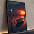 Quadro Decorativo Grande Gaivota e Barco para Sala Laranja | quadros decorativos para sala | pôr do sol alaranjado com gaivota em poste e barco de madeira preso no píer | Porao dos Quadros