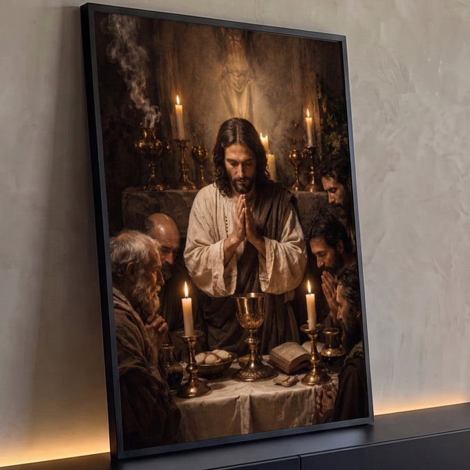 Quadro Decorativo Grande Última Ceia Velas Acesas para Sala | quadros decorativos para sala | homem em oração com mãos postas diante de cálice dourado e velas | Porao dos Quadros