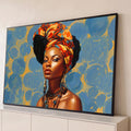 Quadro Decorativo Grande Mulher Africana para Sala Azul | quadros decorativos para sala | retrato de mulher negra com turbante estampado laranja e amarelo sobre fundo azul | Porao dos Quadros