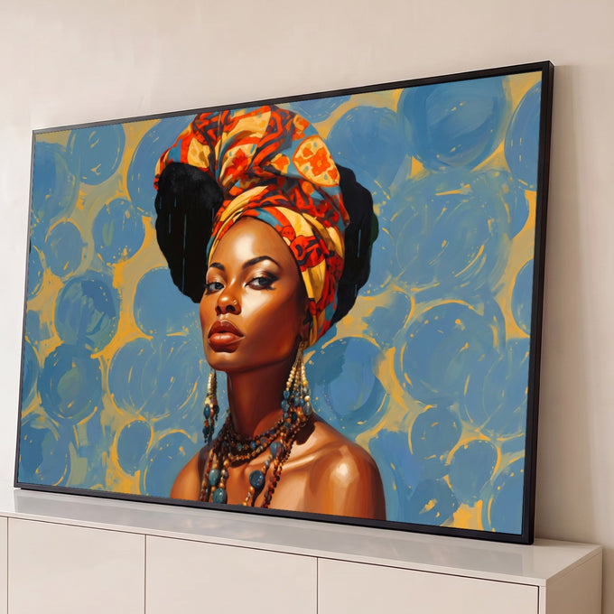 Quadro Decorativo Grande Mulher Africana para Sala Azul | quadros decorativos para sala | retrato de mulher negra com turbante estampado laranja e amarelo sobre fundo azul | Porao dos Quadros