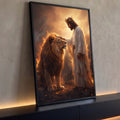 Quadro Decorativo Grande Rei Coroado para Sala Dourado | quadros decorativos para sala | homem coroado de túnica branca toca a cabeça de um leão em meio a chamas douradas | Porao dos Quadros
