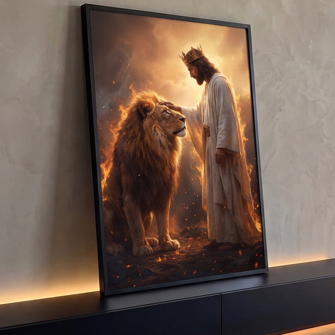 Quadro Decorativo Grande Rei Coroado para Sala Dourado | quadros decorativos para sala | homem coroado de túnica branca toca a cabeça de um leão em meio a chamas douradas | Porao dos Quadros