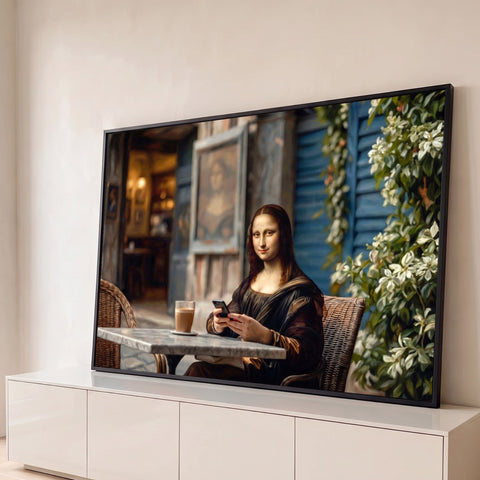 Mona Lisa sentada em café ao ar livre com celular, café com leite e flores brancas, quadro decorativo
