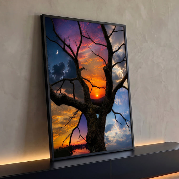 Árvore seca em primeiro plano, pôr do sol laranja, lua crescente e céu azul com nuvens, quadro decorativo