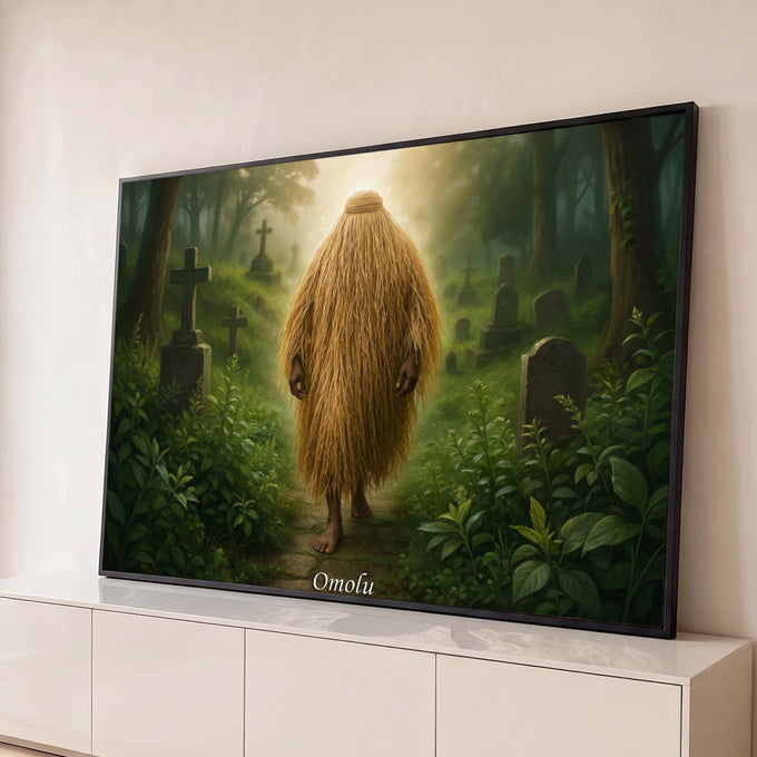 Orixá Omolu coberto por manto de palha caminhando em cemitério na mata verde enevoada, quadro decorativo