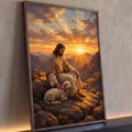 Quadro Decorativo Grande Jesus com Cordeiro para Sala | quadros decorativos para sala | Jesus sentado em rocha com cordeiro branco diante de pôr do sol nas montanhas | Porao dos Quadros