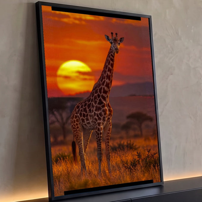 Girafa de pé na savana africana com sol amarelo gigante e céu laranja ao entardecer, quadro decorativo