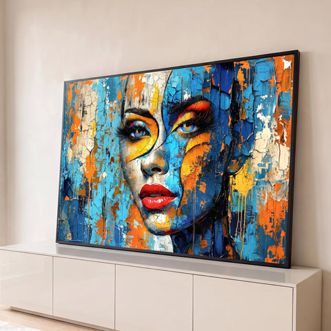 Rosto feminino azul e laranja com olhos azuis, lábios vermelhos e textura craquelada, quadro decorativo