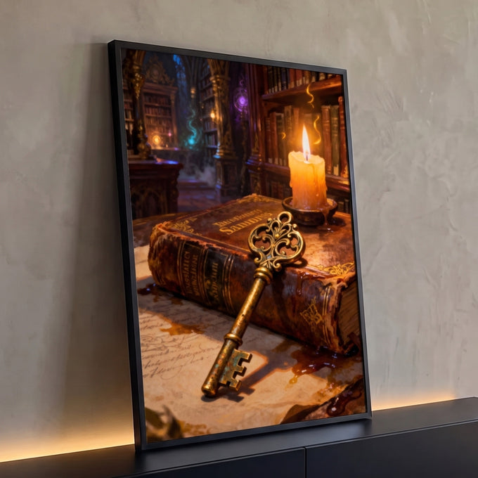 Quadro Decorativo Grande Chave Dourada para Escritório | quadros decorativos para sala | chave dourada ornamentada sobre livro antigo de couro com vela acesa | Porao dos Quadros